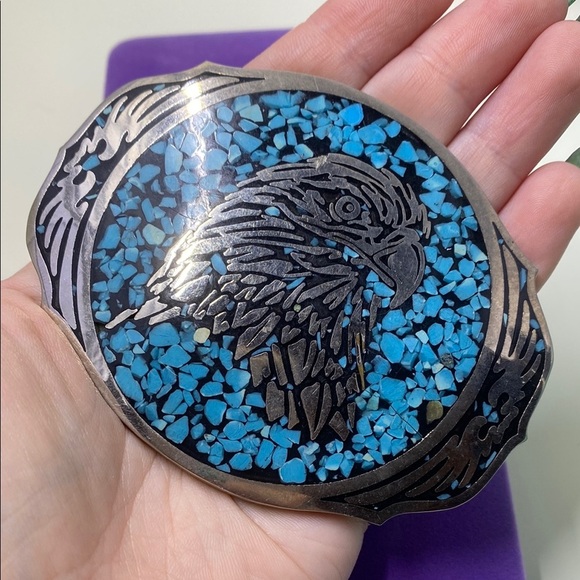 💛 Rare Award Design Medals Silver & Turquoise Eagle Belt Buckle - Picture 5 of 5